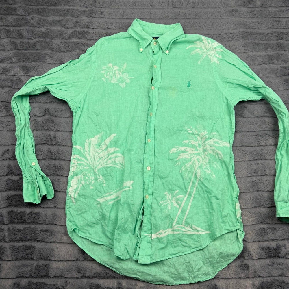 Polo Ralph Lauren Mens Mint Green Linen Palm Tree Print Button Down Shirt Medium